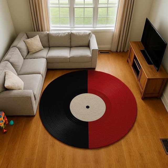 Runder Teppich im Schallplatten-Design von Lodestar, Schwarz-Weiß, Durchmesser: 40 cm - Bild 1