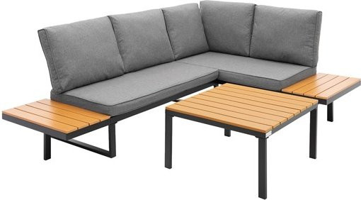 ML-Design 3-teiliges Gartenmöbel Set Loungegarnitur in Grau-Holzoptik mit Polsterkissen und Tisch, wetterfestes Lounge-Set aus Stahl und WPC mit L-Form - Bild 1