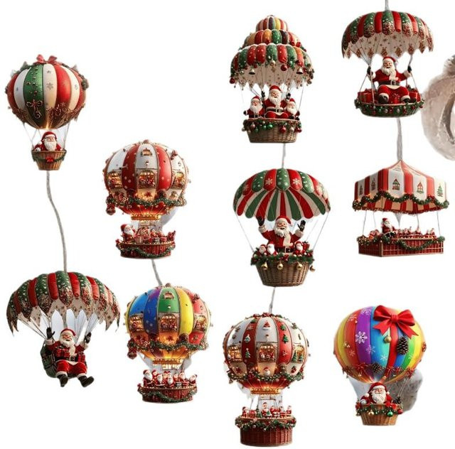 10er Set SHNGki Weihnachtsanhänger aus Holz mit Weihnachtsmann im Heißluftballon, Mehrfarbig - Bild 1