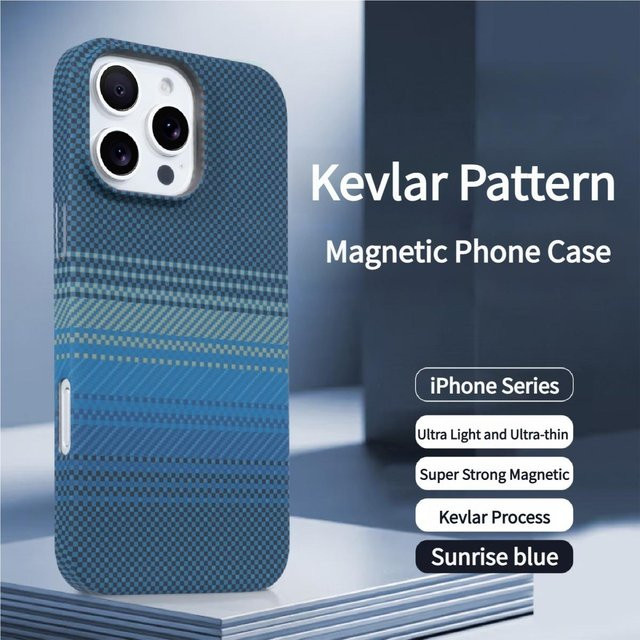 MagSafe Magnetische Hülle aus Kohlefaser und Kevlar für Apple iPhone 12 bis iPhone 17 Pro Max Plus Sunset Grid in Multicolor und Blau - Bild 1