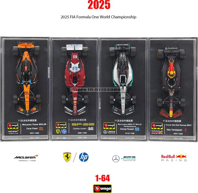 Bburago Mercedes AMG 2025 F1 W16 # 63er George Russell # 24 Kimi Antonelli, Automodell, 1:64, Metall - Bild 1