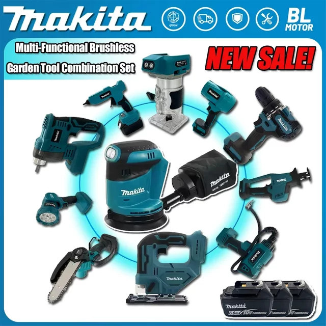 Makita Elektrowerkzeug Kombi-Set mit bürstenlosem Akku-Schlagbohrschrauber, Winkelschleifer und elektrischer Kreissäge inklusive 18V Akku - Bild 1