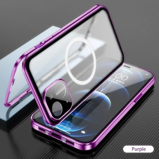Magnetische MagSafe Schutzhülle aus Aluminiumlegierung und HD Glas für iPhone 16 15 14 13 12 Pro Max Plus, Vollbild geschlossener Metallschutz, Farbe: Violett - Bild 1