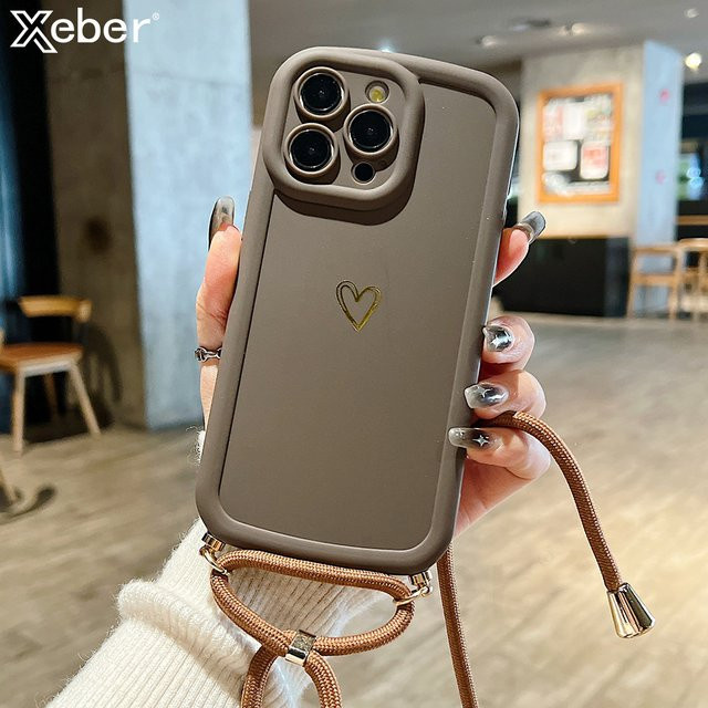 Crossbody Lanyard Silikon Soft Case mit Herz-Design für Apple iPhone, inklusive Kameraschutz und stoßfester Abdeckung, Farben: Lila und Braun - Bild 1