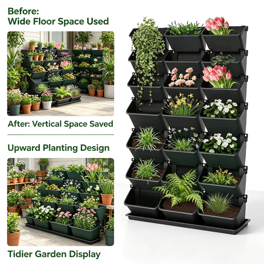 18-teiliger vertikaler Wandpflanzer mit Selbstbewässerung, modularer Pflanzsystem aus Kunststoff für Balkon und Garten, Schwarz oder Grün - Bild 3