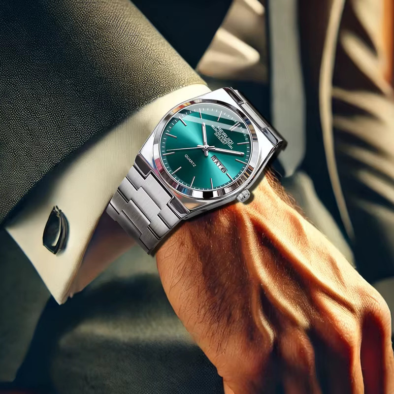 MEIRUIQI Armbanduhr Quarz, Edelstahl, Silber, Grün, Herren - Bild 6