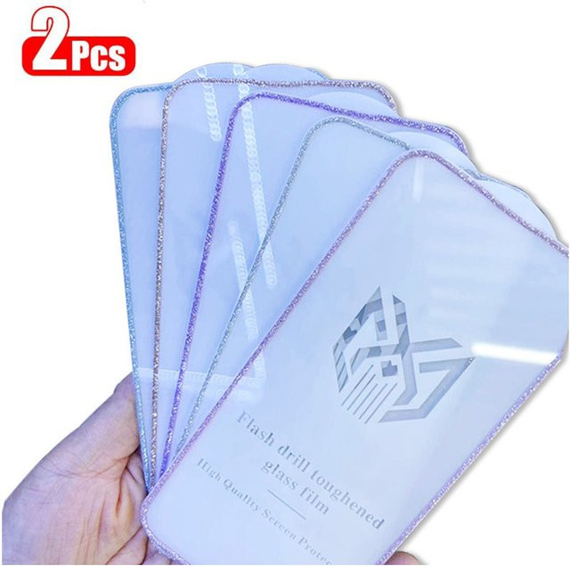 2er-Set Gehärtete Glas Displayschutzfolie mit Bling Glitter Edge für Apple iPhone 11 12 13 14 15 Pro Max Plus Mini XS XR X in Transparent - Bild 1