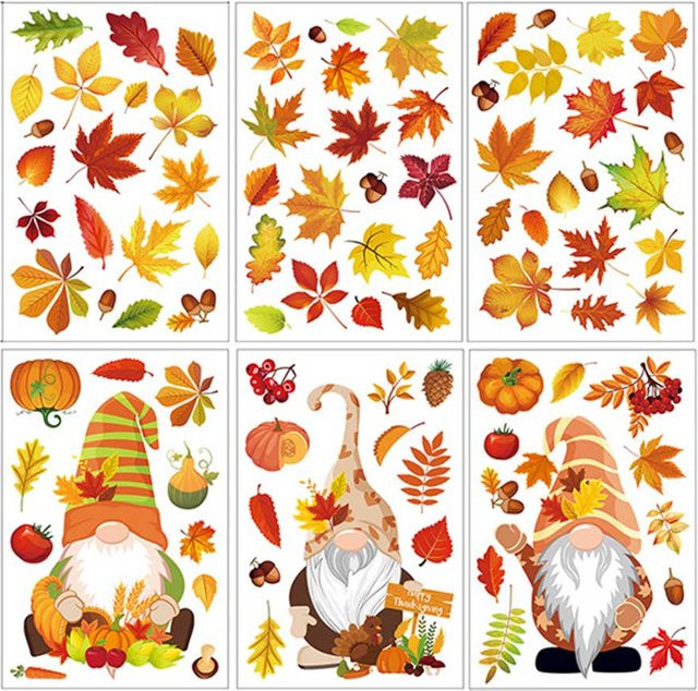 6er Set Herbstliche Fensteraufkleber mit Gnom, Kürbis, Ahornblättern und Tannenzapfen, Elektrostatische Wanddekoration für Thanksgiving, Mehrfarbig - Bild 1