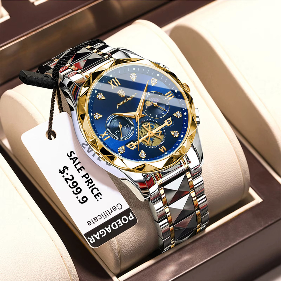 POEDAGAR Armbanduhr Chronograph, Edelstahl, Quarz, Blau, Herren - Bild 2