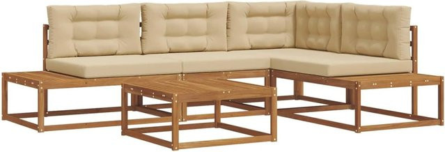 vidaXL Outdoor-Sofagarnitur aus massivem Akazienholz in L-Form, 5-teiliges Set mit beigefarbenen Polstern aus UV-beständigem Polyester, Natur und Beige - Bild 1