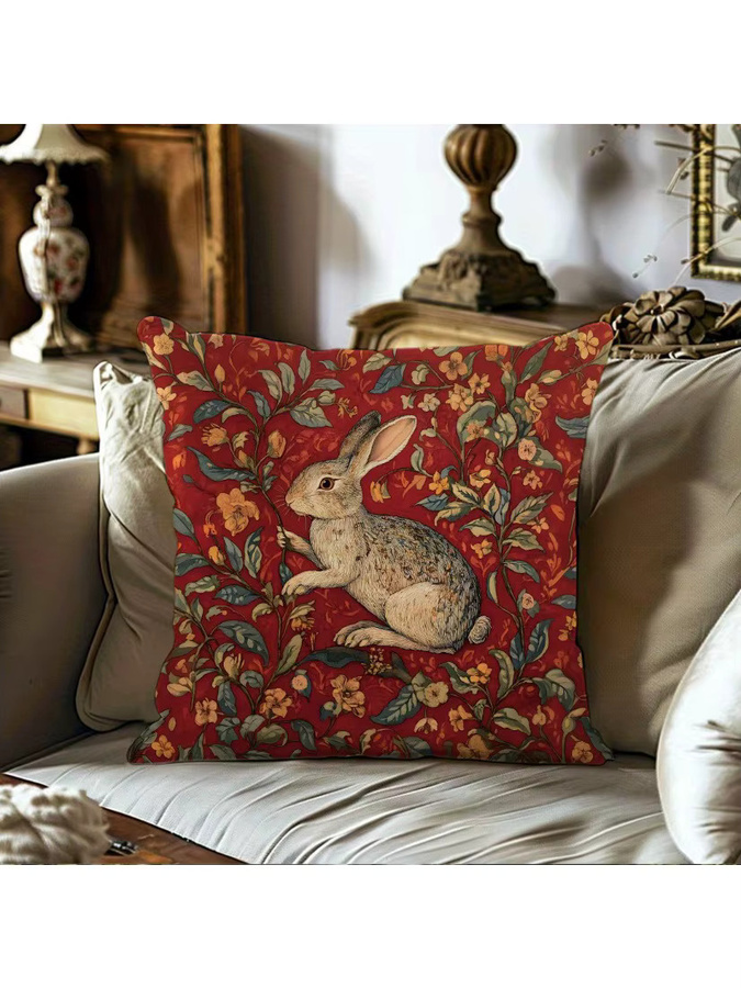 Dekorativer Kissenbezug von ZZN im Vintage-Kaninchen-Stil mit floralem Muster, Farbe Rot, Material Polyester, B/B: 45 x 45 cm - Bild 5