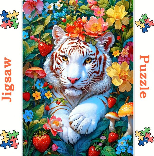 AZNM Puzzle, Weißer Tiger mit Blumen- und Pilzdesign - Bild 1
