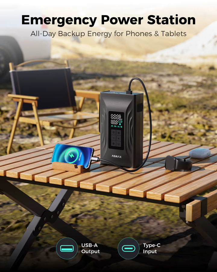 ASMAX T20 3000A Tragbarer Auto-Starthilfe-Kompressor und Reifenfüller mit 150PSI, Notstromversorgung für 12V Autos, USB-C-Ladung, Schwarz - Bild 6