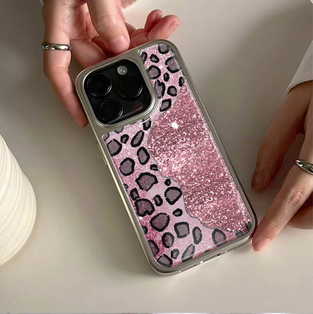 DecoPhone Handyhülle mit rosa Leopardenmuster und silbernen Kanten, sturzsichere TPU Hülle für iPhone XR/11/12/13/14/15/16/17 Pro Max - Bild 1