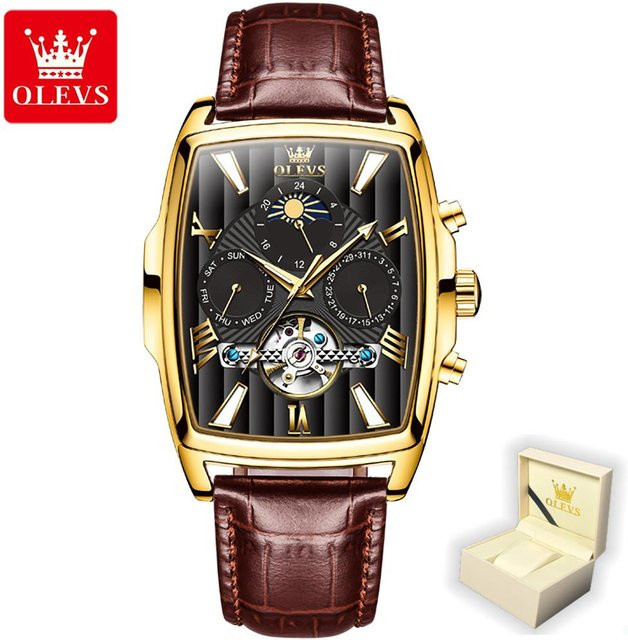 OLEVS Armbanduhr Automatik, Edelstahl, Leder, Schwarz, Herren - Bild 1