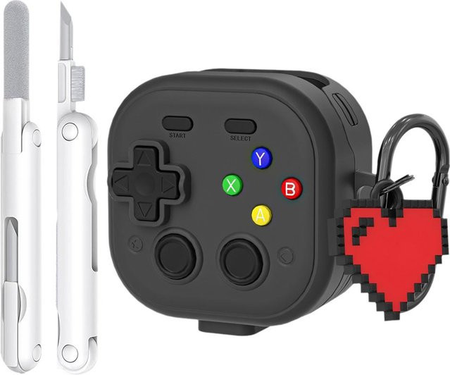 Samsung Galaxy Buds 4 Pro Schutzhülle im Retro-Spieleplayer Design aus weichem Silikon mit Herz-Schlüsselanhänger und Reinigungsstift in Schwarz - Bild 1