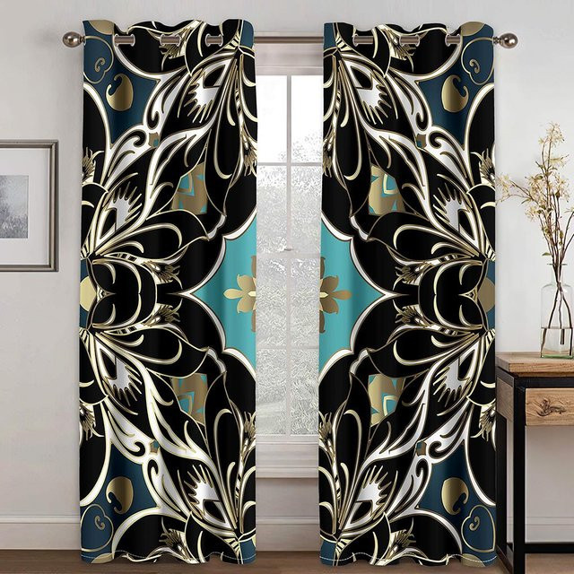 Yiran Furniture Barock Vorhang Set mit abstraktem Design in Gold und Multicolour, 2 Stück, halbtransparent, B: 50 cm, H: 130 cm - Bild 1
