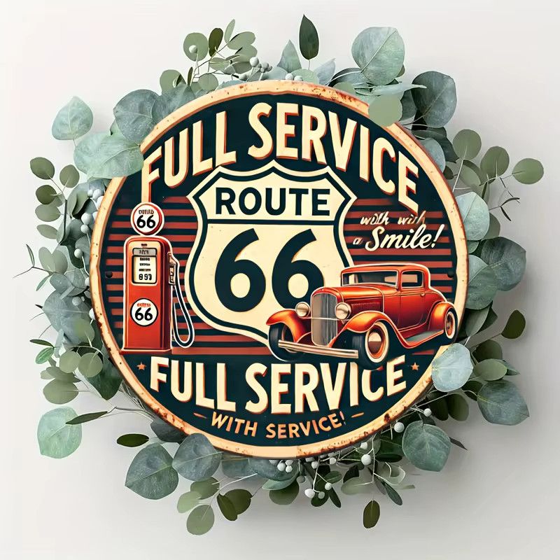 Potdemiel Retro Route 66 Full Service Aluminium-Wandkunstschild mit Auto- und Streifenmustern - Bild 6