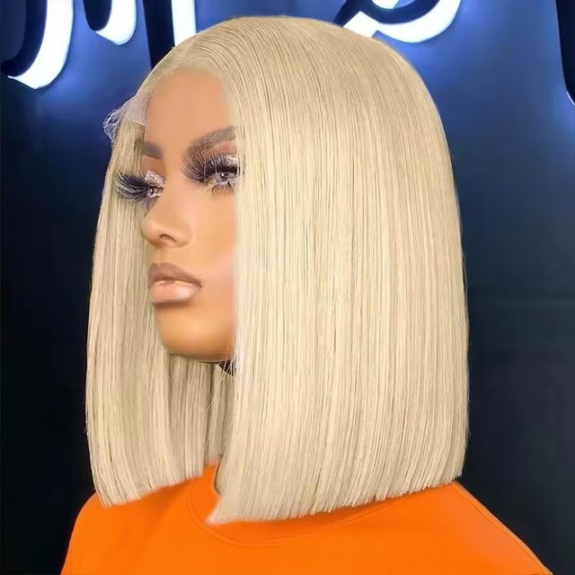 POPVIBES Blonde Kurze Bob Perücke, Echthaar, Transparent HD Spitze, Gerade - Bild 1