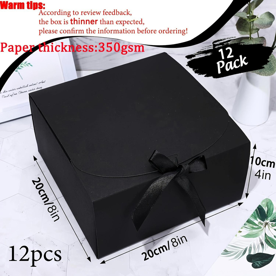 12er Set WTEMPO Geschenkboxen aus Kraftpapier mit Schleife, Schwarz, B/T/H: 20,32 x 20,32 x 10,16 cm - Bild 6