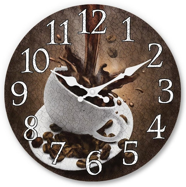 Linyi Toy Retro Wanduhr im Holz-Design mit Kaffeetassen-Muster, Analog, Rund, Braun, Durchmesser: 40,64 cm - Bild 1