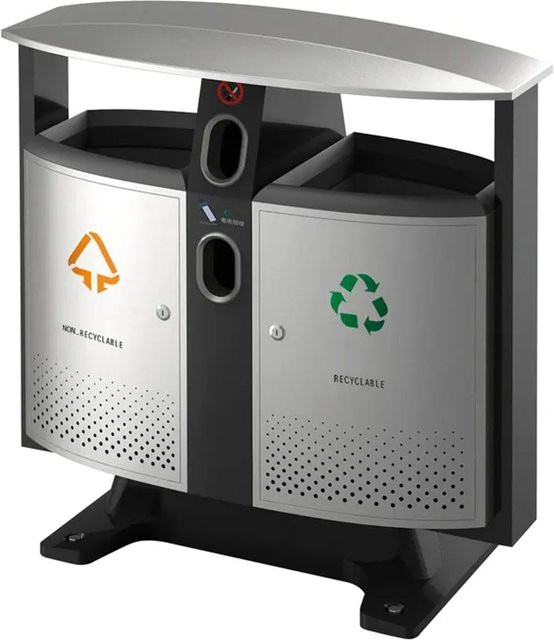 PROREGAL Abfalltrennstation für den Außenbereich aus Metall in Grau mit Dach und Batteriefach, 2 x 42 Liter, H x B x T: 100 x 103 x 42 cm - Bild 1