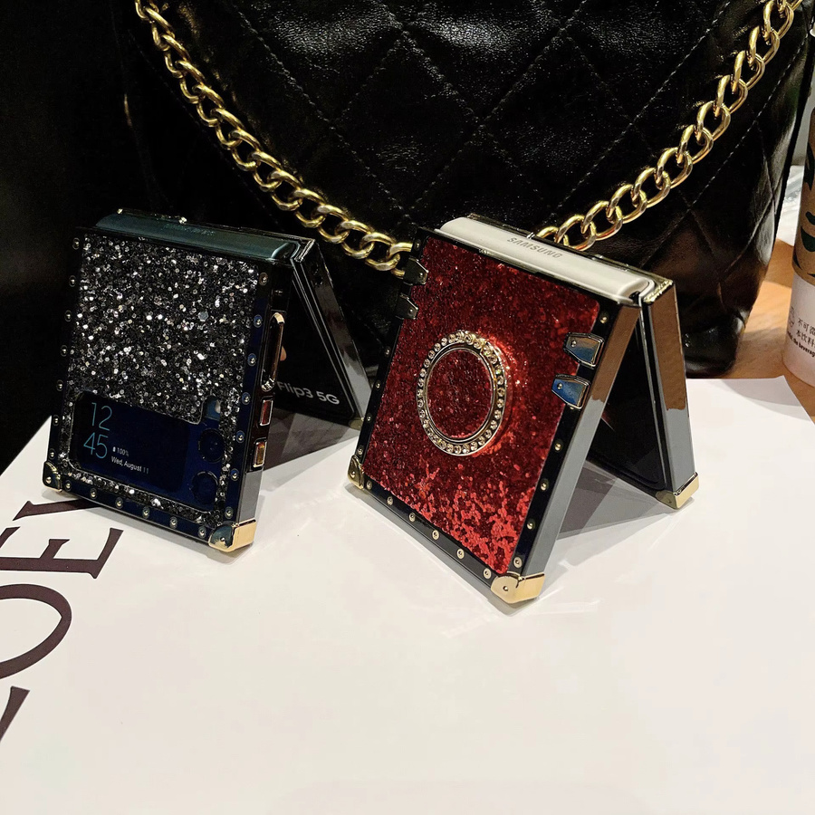 Luxuriöse Handyhülle aus Glitzer-Strass-Leder für Samsung Galaxy Z Flip 7 FE, 6, 5, 4, 3 mit glänzendem Halter, Schwarz - Bild 1