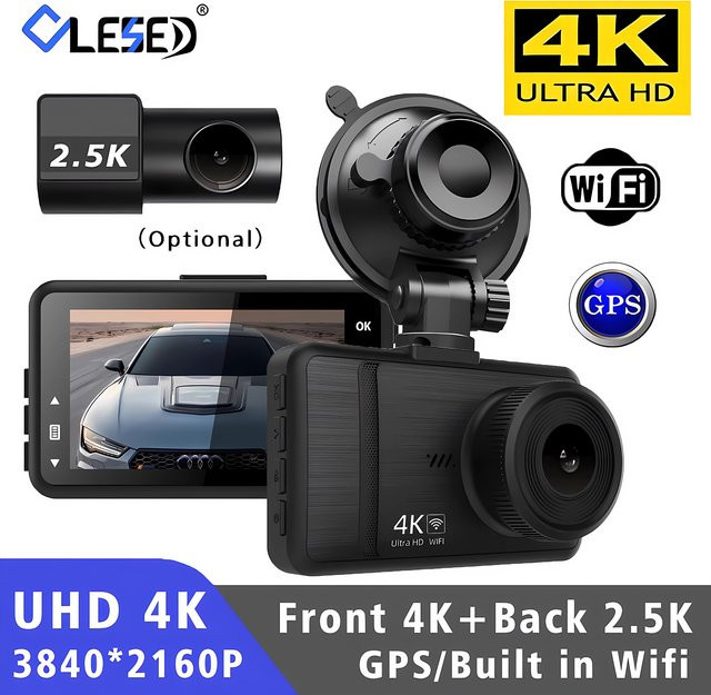 4K Ultra HD Dash Cam mit OLESED Nachtsicht, 2,5K Rückfahrkamera, WiFi und GPS Logger, Schwarz - Bild 1