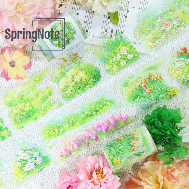 Transparentes PET Washi Tape Frühlingsblume und Grünes Gras in Grün für Scrapbooking und Collagen, Länge: 2 m - Bild 1