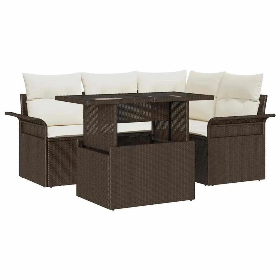 vidaXL Garten-Sofa-Set aus Poly-Rattan in Braun, 5-teiliges L-Shape Set mit Kissen und integriertem Stauraum - Bild 2