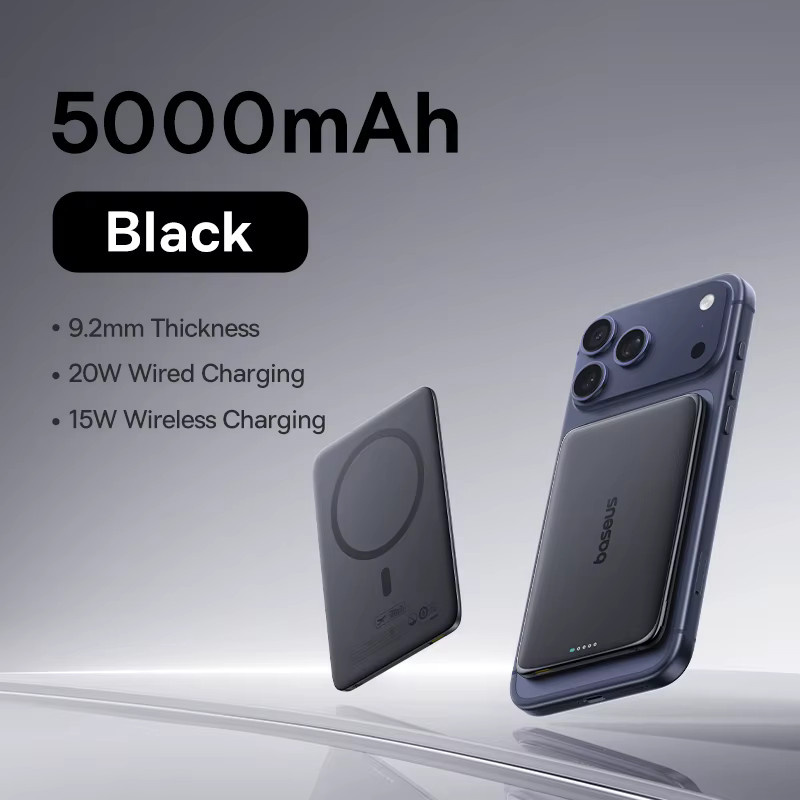 Baseus Magnetische Powerbank 5000 mAh in Schwarz, 15 W kabellos und 20 W kabelgebunden, schlanke tragbare Powerbank für iPhone und Samsung - Bild 7