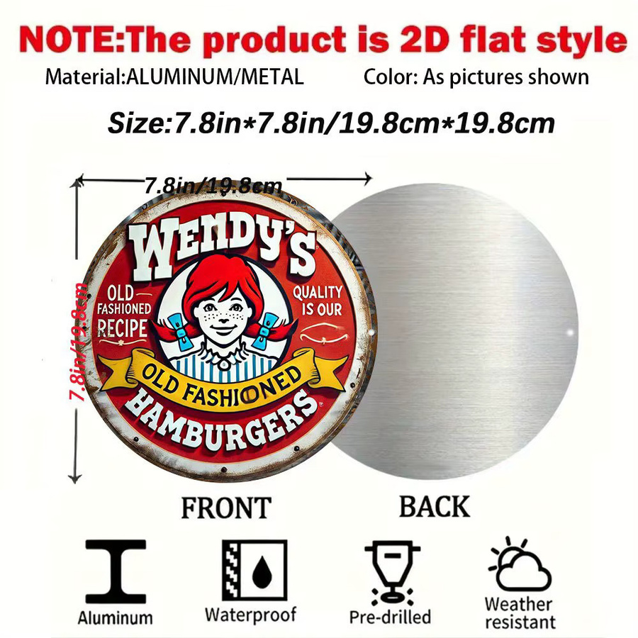 Potdemiel Vintage Wendy's Old Fashioned Hamburgers Metallwandschild, rundes Aluminium-Retro-Diner-Dekor in Mehrfarbig, Durchmesser: 19,81 cm - Bild 2
