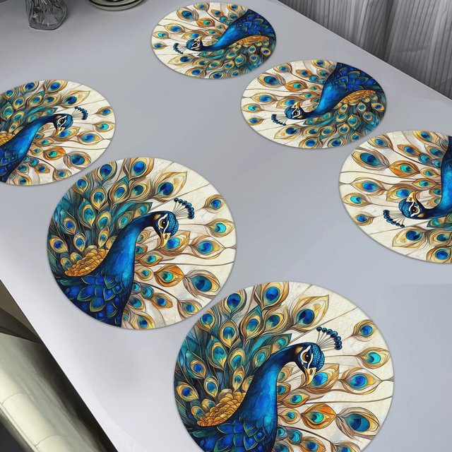 VIKAMA 4er Set runde Tischsets mit böhmischem Pfauenmuster in Multicolour, rutschfest und maschinenwaschbar - Bild 1