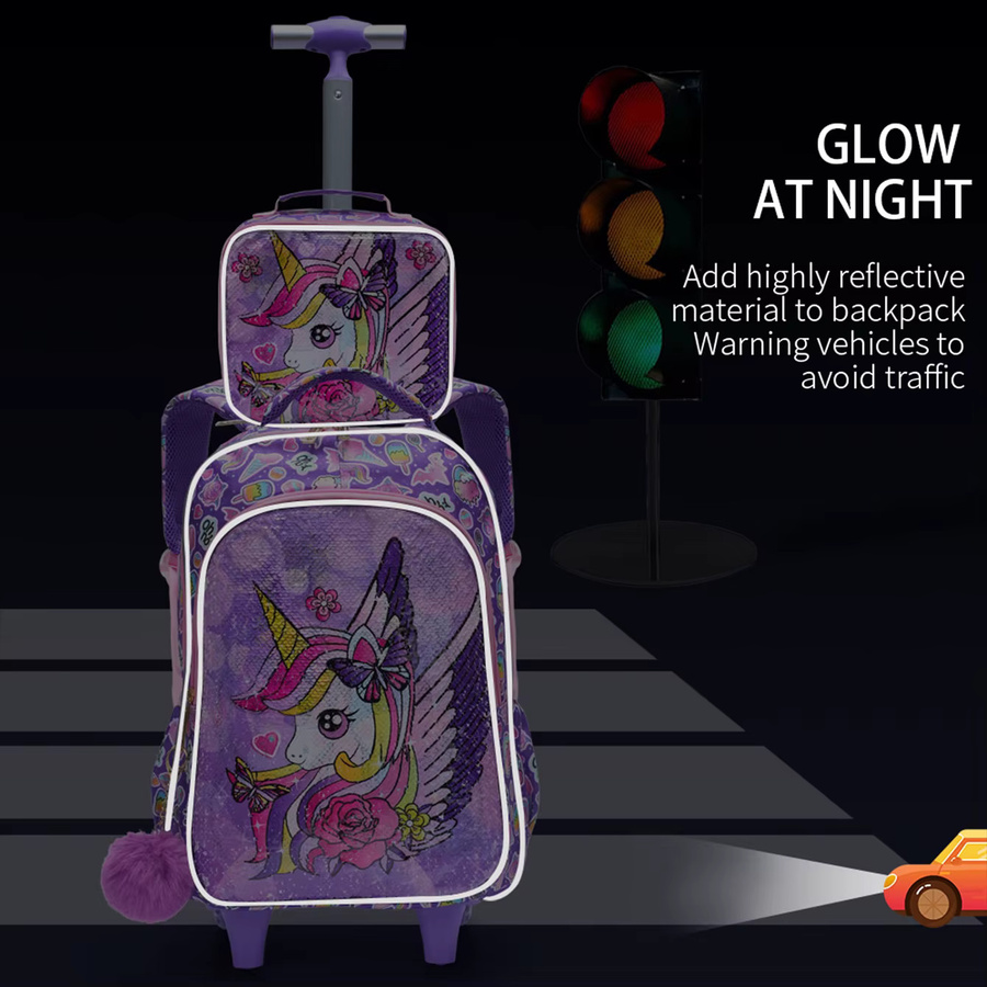 BLING BABIES 3-teiliges Rollrucksack Set für Mädchen mit Einhorn, Pailletten und Leuchteffekt in Lila inklusive Lunchbox und Stifttasche - Bild 4