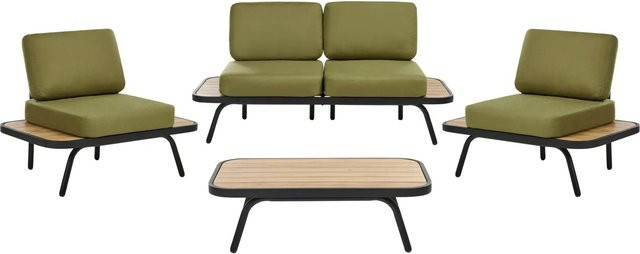 Beliani Sitzgruppe MINOZZO in Olivgrün mit 2-Sitzer Sofa, Lounge-Sessel und Couchtisch aus Aluminium und Akazienholz - Bild 1