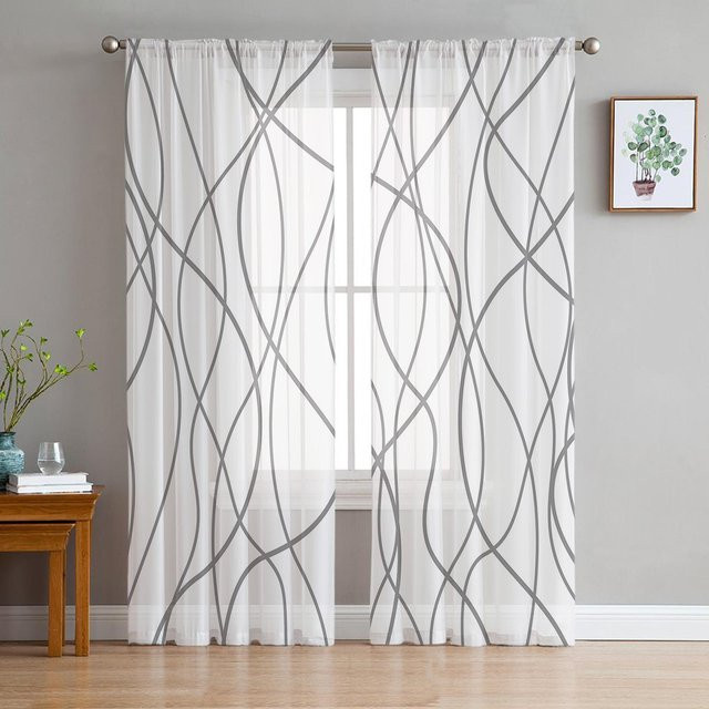 Moderne transparente Tüll-Vorhänge mit grafischem Linienmuster in Grau und Weiß, Organza-Fenstervorhänge für Wohnzimmer und Küche, Breite: 135 cm, Höhe: 115 cm - Bild 1