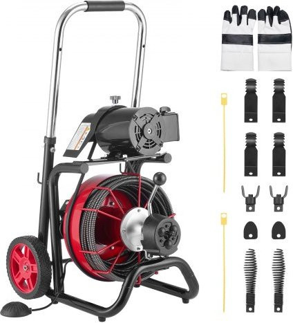 VEVOR Rohrreinigungsmaschine mit automatischer Zufuhr und 8 Schneidmessern, Reinigungsspirale aus Stahl in Rot/Schwarz, Durchmesser: 10,5 mm, Länge: 30 m, für Rohrdurchmesser von 50 bis 100 mm - Bild 1