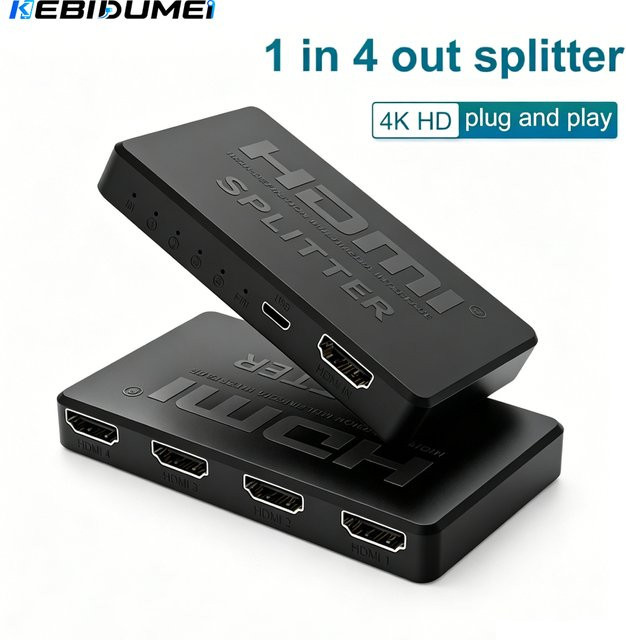 KEBIDUMEI HDMI Splitter 1 Eingang 4 Ausgänge 4x1 HDMI Switch für 4K und 2K Video in Schwarz - Bild 1