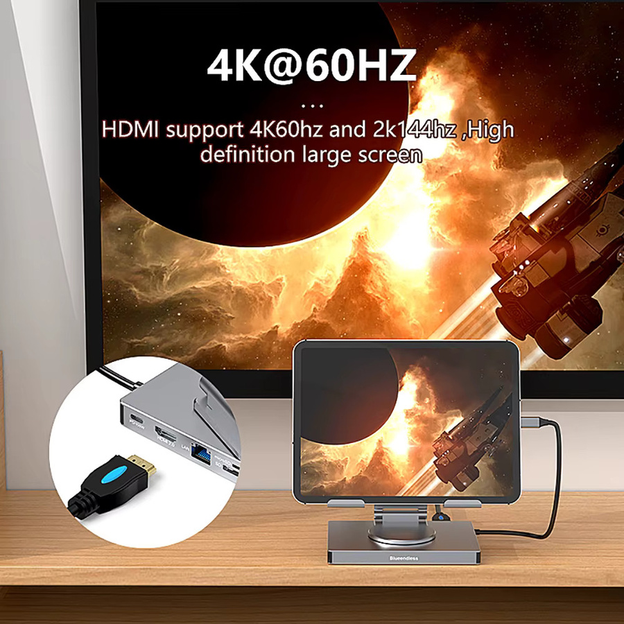 KEBIDUMEI 9-in-1 drehbare USB-C-Dockingstation mit HDMI 2.0 4K60Hz und 3x USB 3.0 sowie Gigabit-Ethernet Adapter für Laptop und PC - Bild 2