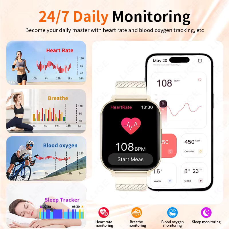 LIGE Smartwatch, 1,83 Zoll, Schwarz, Silikon, Unisex - Bild 2