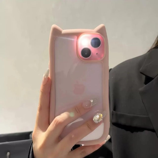 Rui Di Handyhülle mit süßen Katzenohren für iPhone, stoßfeste Acryl-Rückseite und Silikon-Hülle, transparent rosa - Bild 1