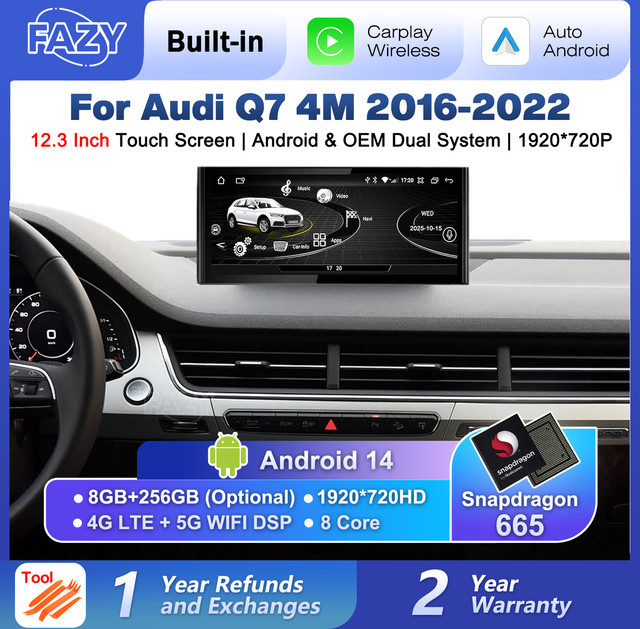 FAZY Android 14 Carplay Autoradio mit 12,3 Zoll Display und GPS für Audi Q7 4M 2016-2022 in Schwarz - Bild 1