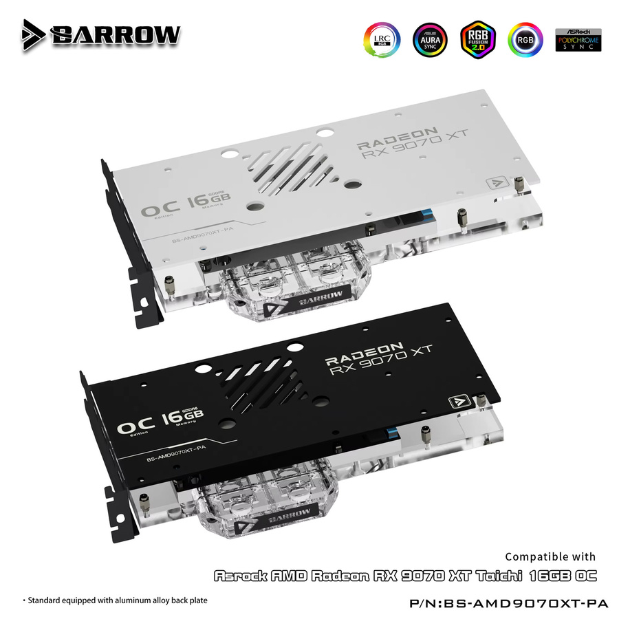 Barrow GPU Wasserblock Flüssigkeitskühlung für ASRock AMD Radeon RX 9070XT mit Kupferbasis und Acryl Top in Schwarz BS-AMD9070XT-PA - Bild 2