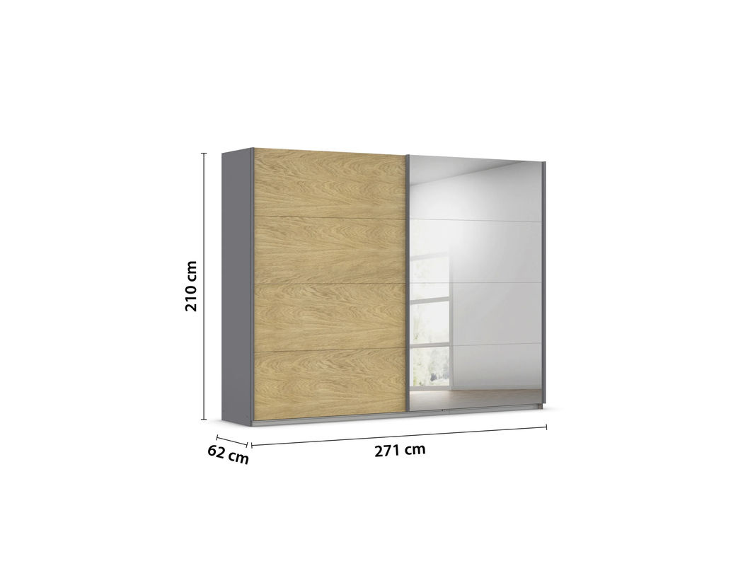 RAUCH Malva-Extra Schwebetürenschrank mit Spiegel in Eiche Furnier und Grau, Breite: 271 cm, Höhe: 210 cm - Bild 3