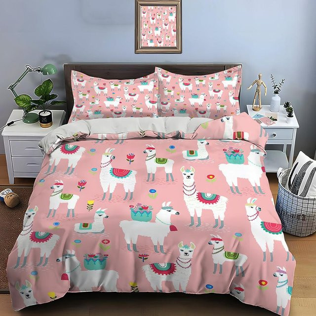 Bettwäsche-Set mit Cartoon Lama Alpaka Druck in Pink, bestehend aus 1 Bettbezug und 2 Kissenbezügen aus Mikrofaser, B/H: 172 x 218 cm - Bild 1