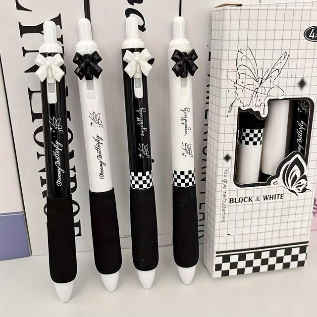 Set mit 4 ouyaohong Gel-Stiften mit Schleifen-Design, 0,5 mm feine schwarze Tinte, schnelltrocknend, Farben: Schwarz, Weiß, Rosa und Mehrfarbig - Bild 1