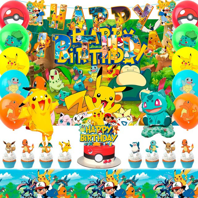 Potdemiel 38-teiliges Pokemon Geburtstagsparty Dekorationsset in Mehrfarbig mit Ballons, Banner, Kuchendekoration und Hintergrund für Kinder - Bild 1