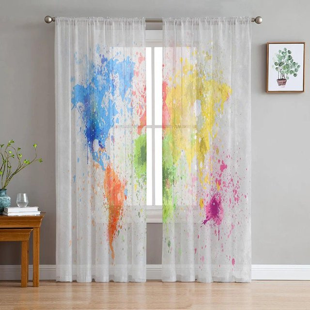 A Family Of Home Textiles Aquarell-Tüllvorhang Earth Splash Ink in Beige, bedruckter Chiffon-Vorhang für Wohnzimmer und Balkon, B: 135 cm, H: 114 cm - Bild 1