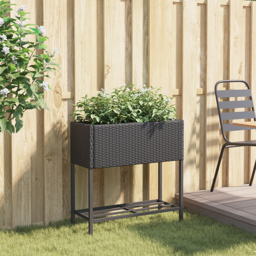 vidaXL Pflanzkübel mit Ablage aus PE-Rattan und pulverbeschichtetem Stahl in Schwarz, B/T/H: 70 x 70 x 70 cm - Bild 7
