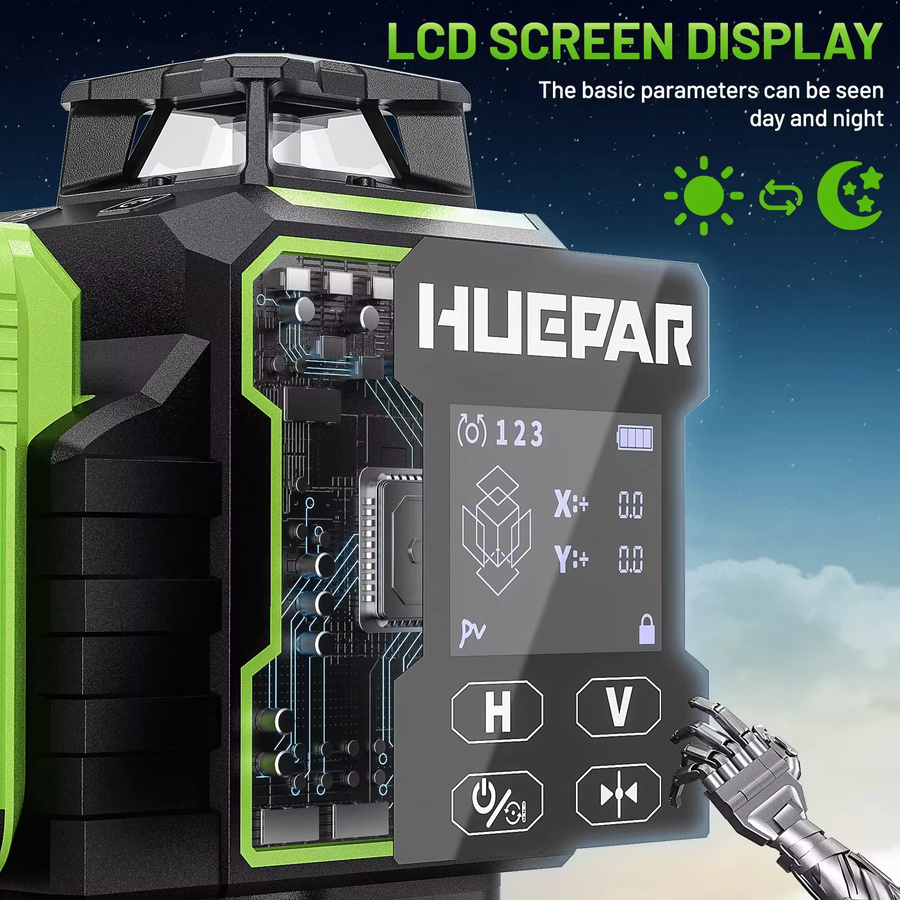 Huepar W04CG Laser Level Selbstnivellierend 4x360 Grad Bluetooth 4D Green Laser Leveler mit elektrisch drehbarer Basis und LCD-Bildschirm - Bild 2